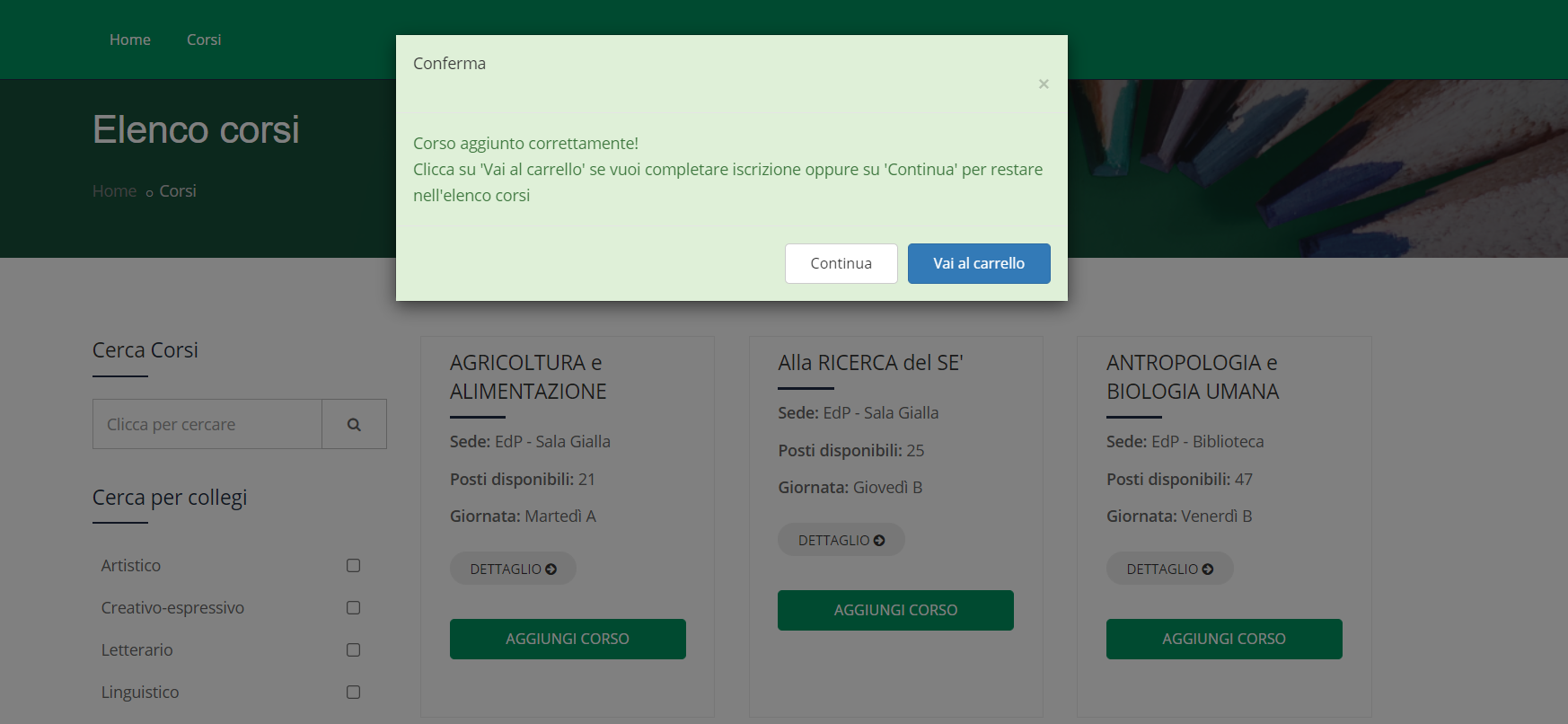Iscrizioni online - popup aggiunta corso
